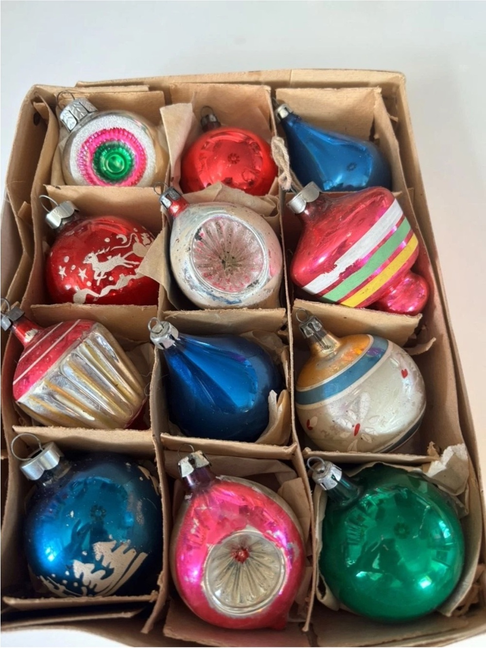 12 Vintage Glass Christmas Ornaments Double Indent Reflector poland MCM